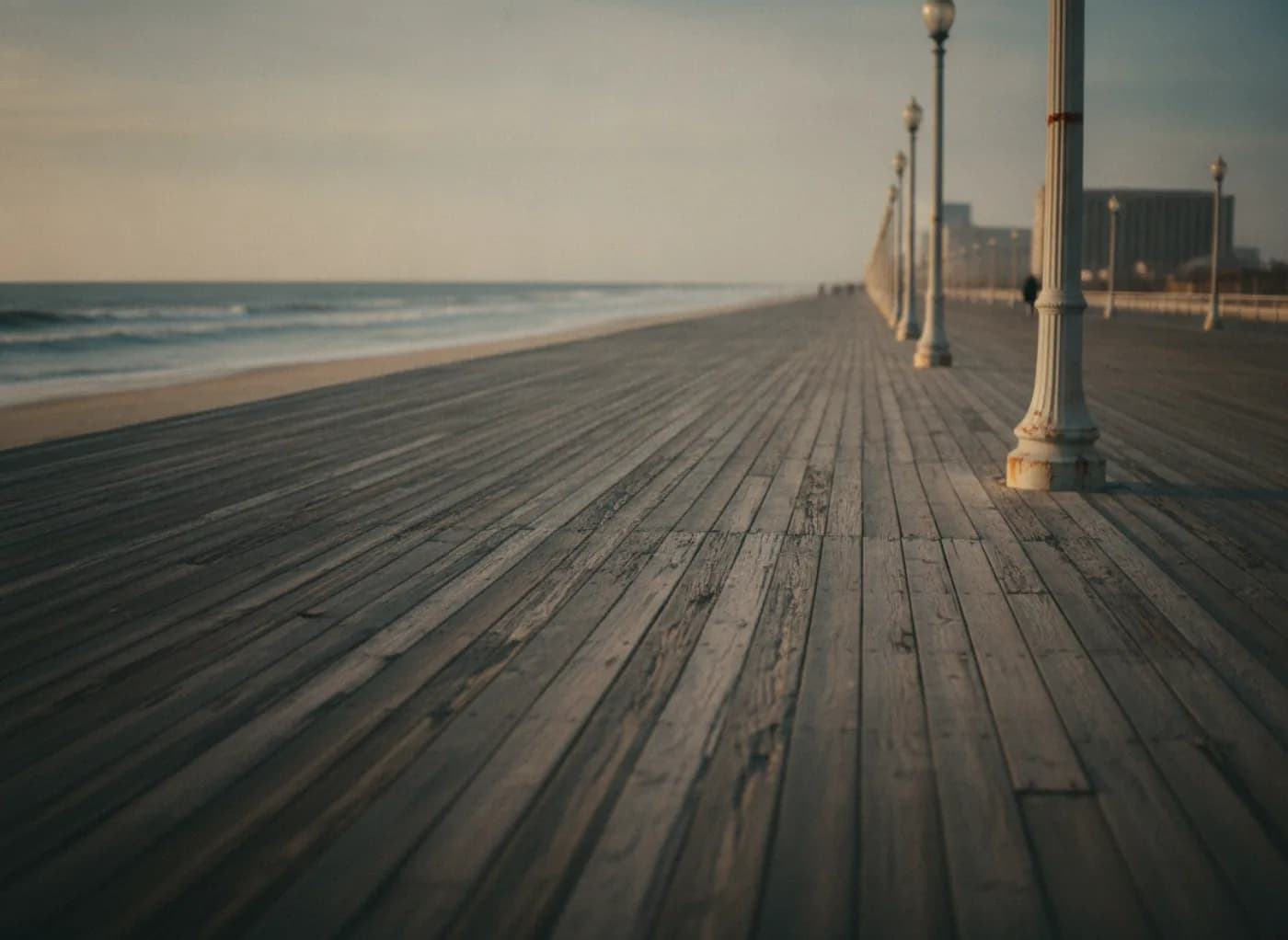Filming location Atlantic City boardwalk, empty off-season planks at dawn