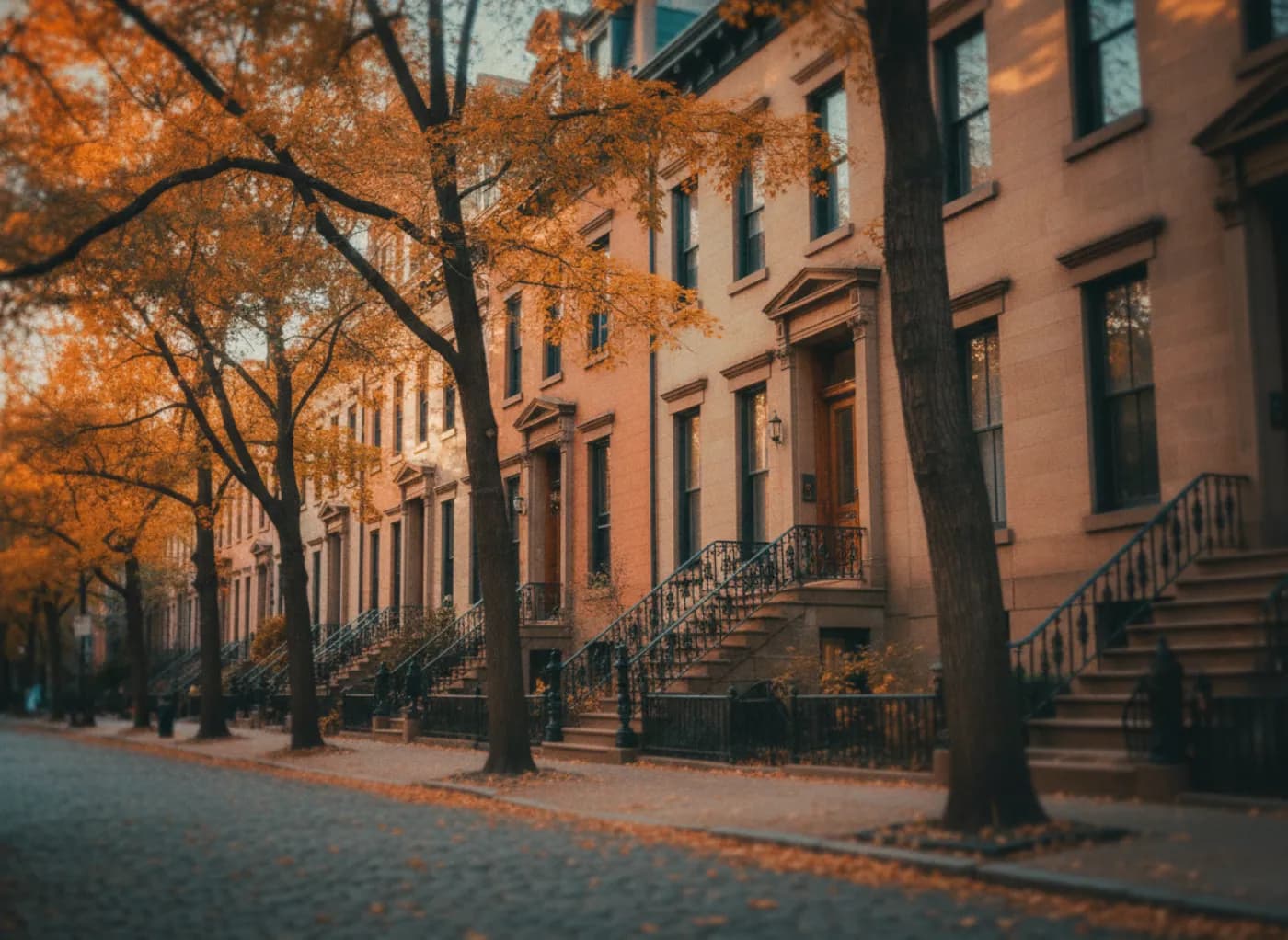 Filming location Newark residential brownstones on a tree-lined street