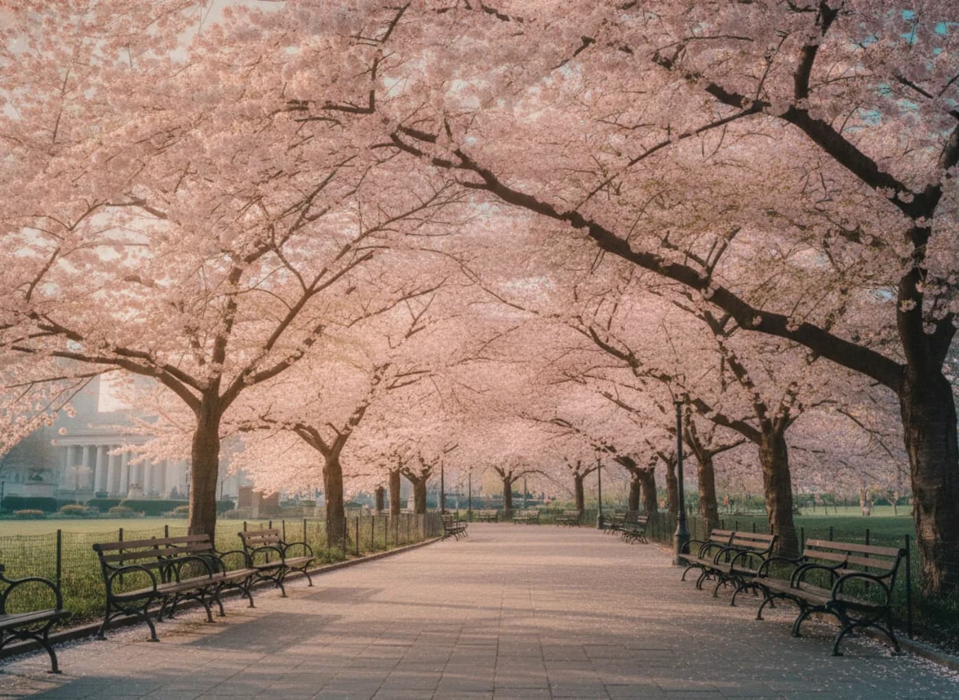 Filming location Branch Brook Park Newark, cherry blossom canopy over a curving path
