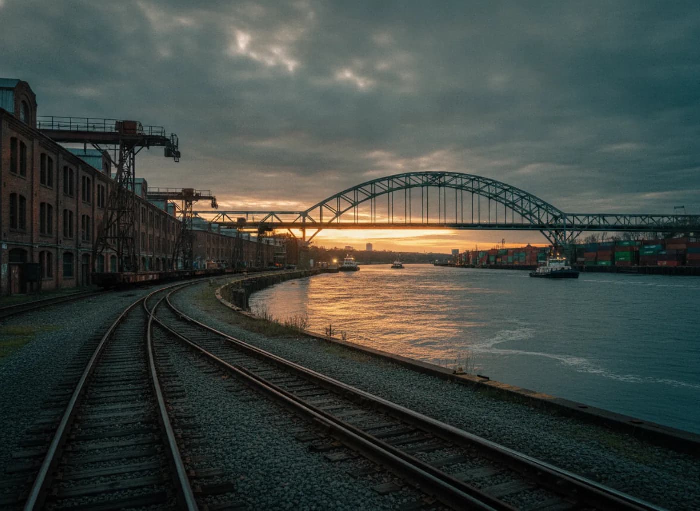 Filming location Newark industrial riverfront with rail infrastructure and steel bridge