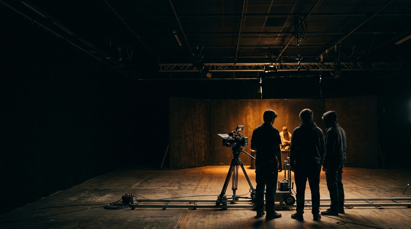 Student film crew silhouetted around a camera dolly during a hands-on session on a New Jersey soundstage