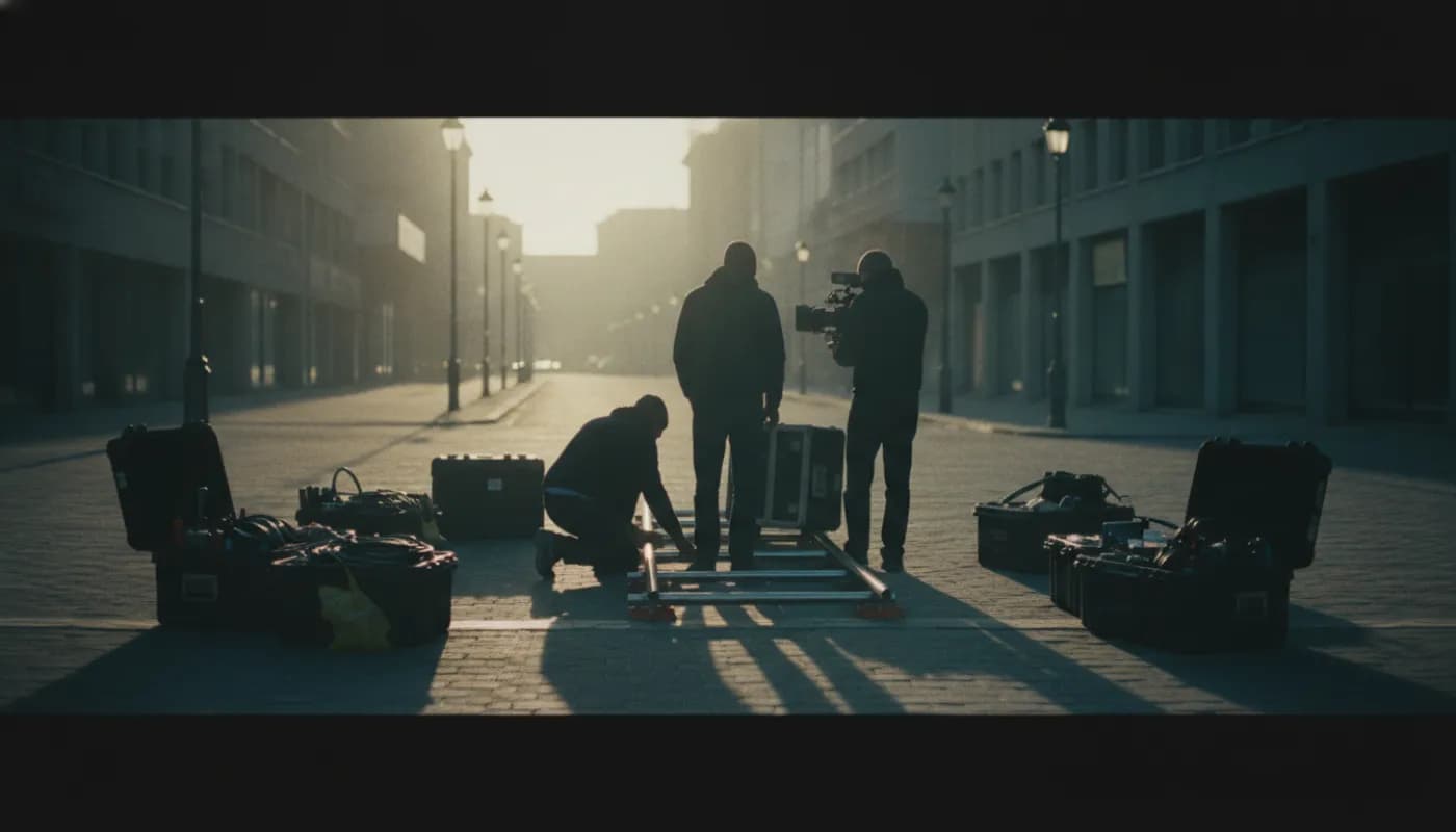 Lion Motion grip team laying dolly track on a New Jersey location at dawn