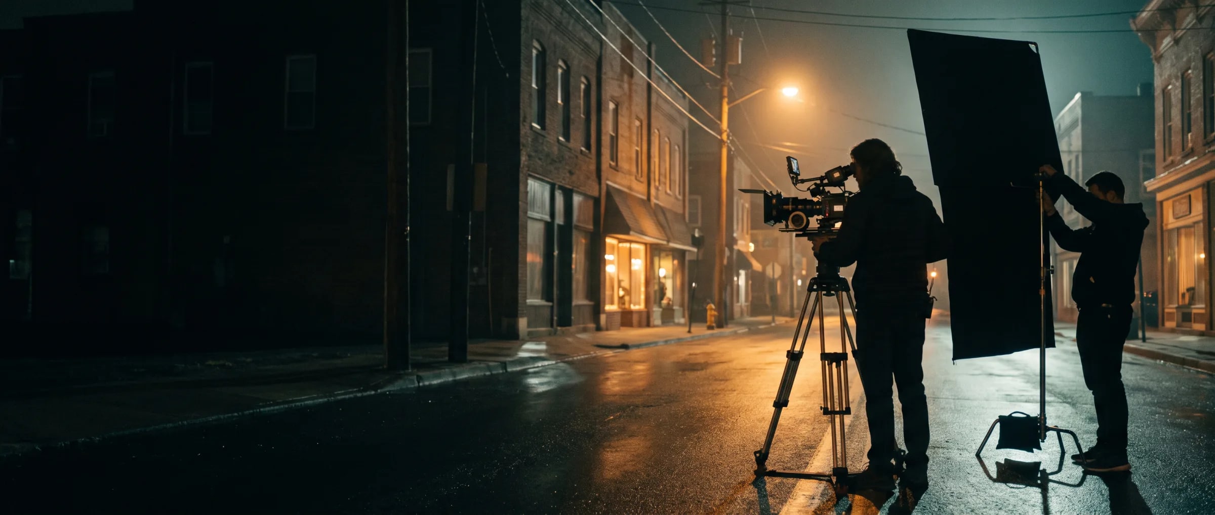 Lion Motion crew filming at night on a New Jersey main street, camera on sticks and a grip flagging a light
