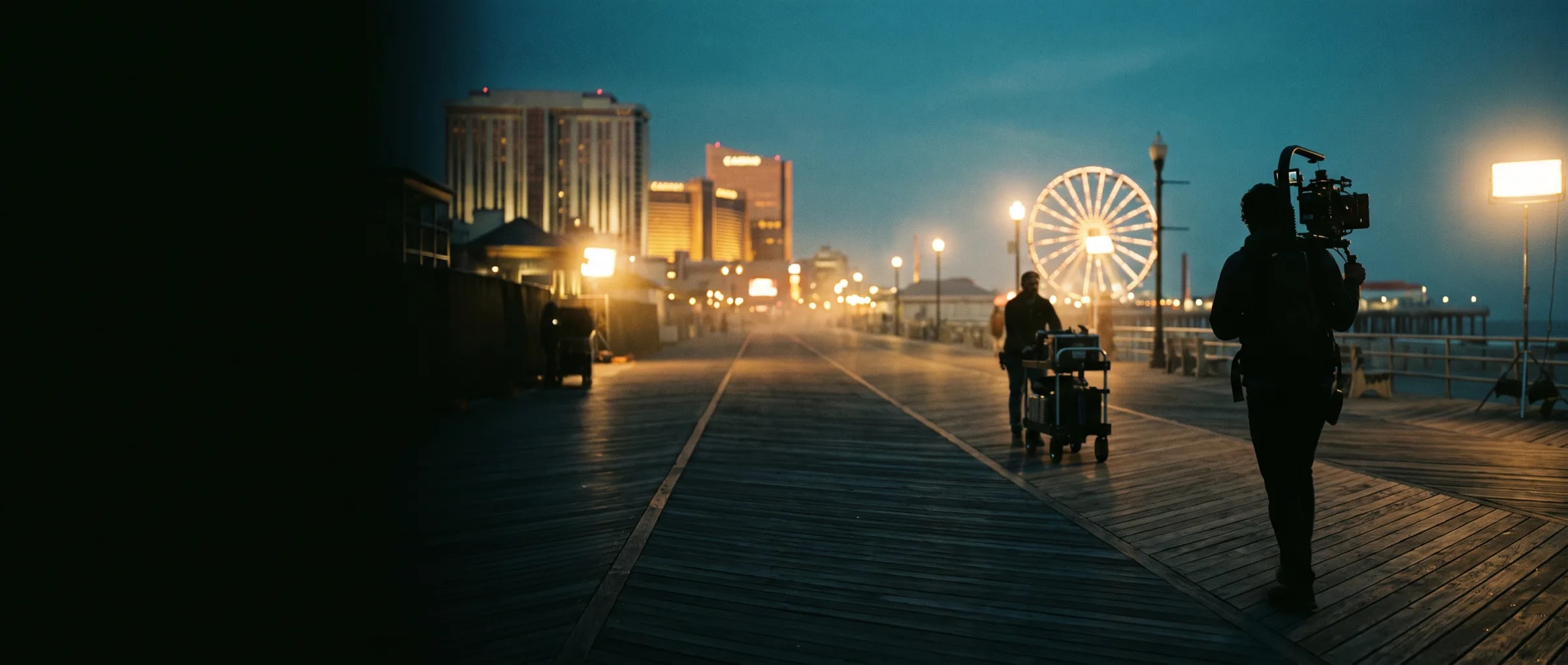 Filming location Atlantic City boardwalk at blue hour, casino skyline and pier lights behind a camera operator