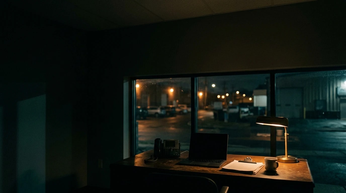 Lion Motion production office at dusk — a producer at the desk beside a wall of pinned New Jersey location photographs