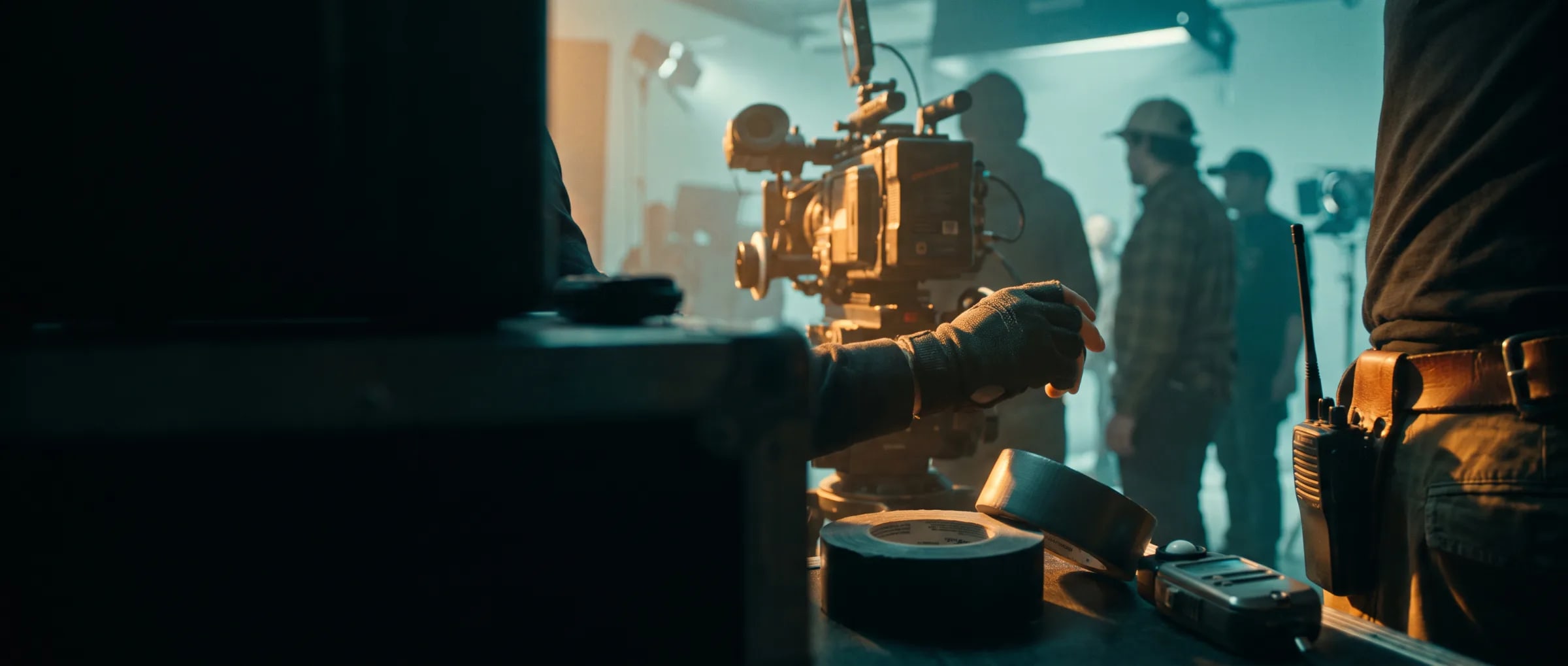 Close on working film crew — a hand on the follow-focus, walkie on the belt, camera body catching a rim light