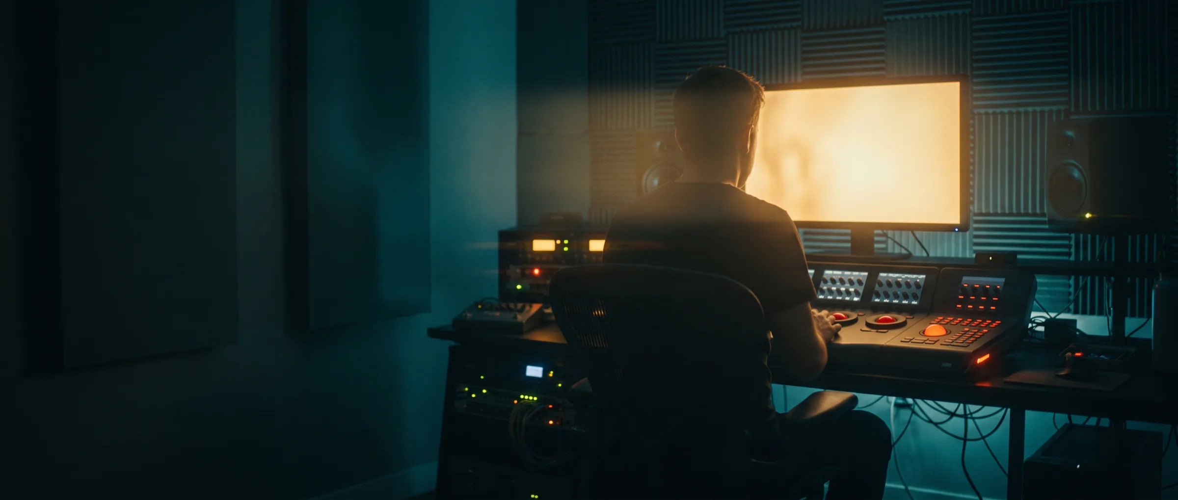 Colourist at a grading panel in a New Jersey post-production suite, reference monitor glowing