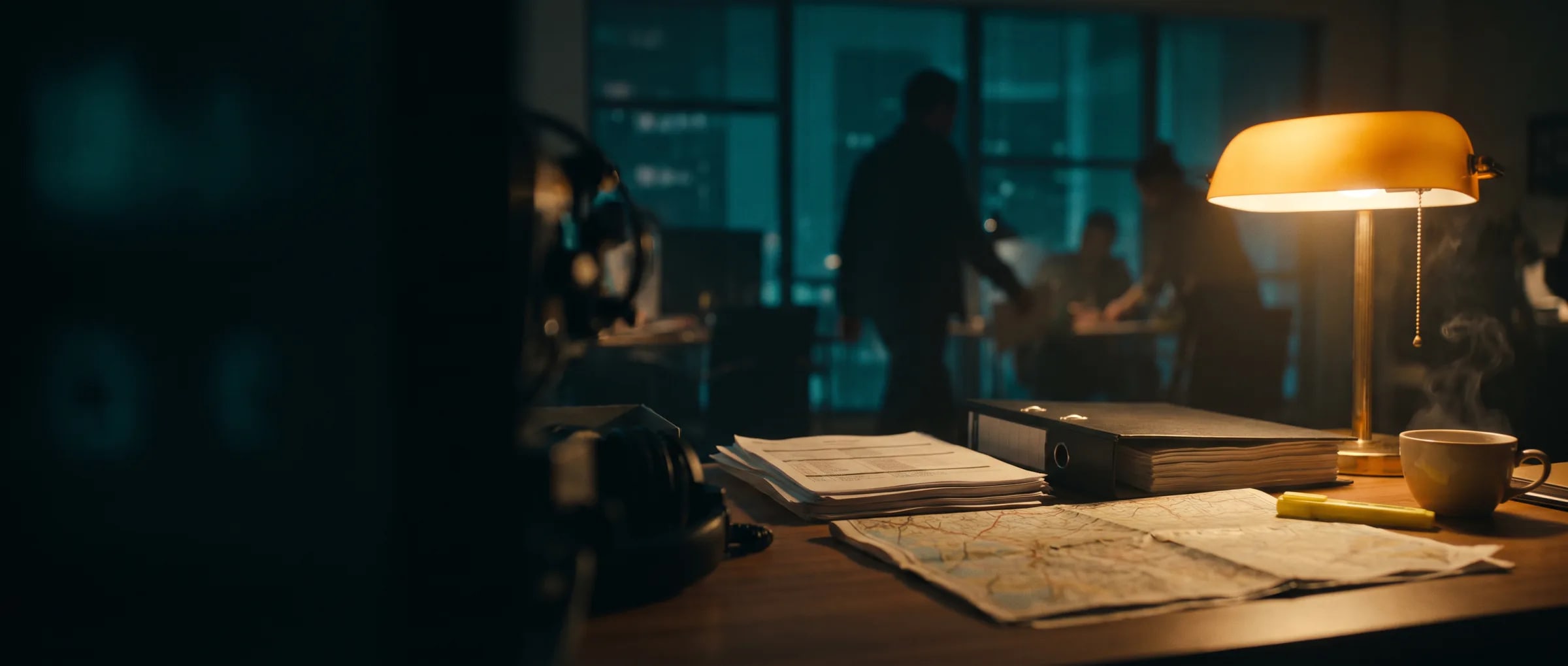 A New Jersey production office desk at night — call sheets, a production binder and a folded location map under a lamp