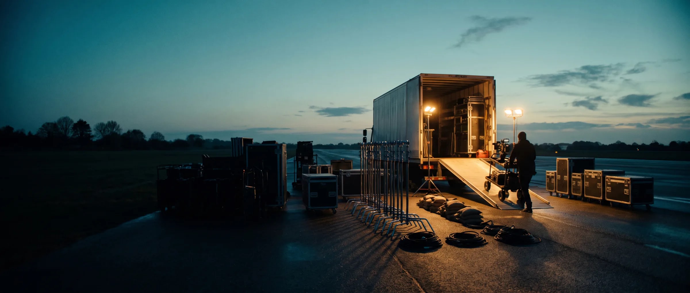 Film production staging at dawn — grip truck, road cases, c-stands and camera carts laid out for a New Jersey shoot