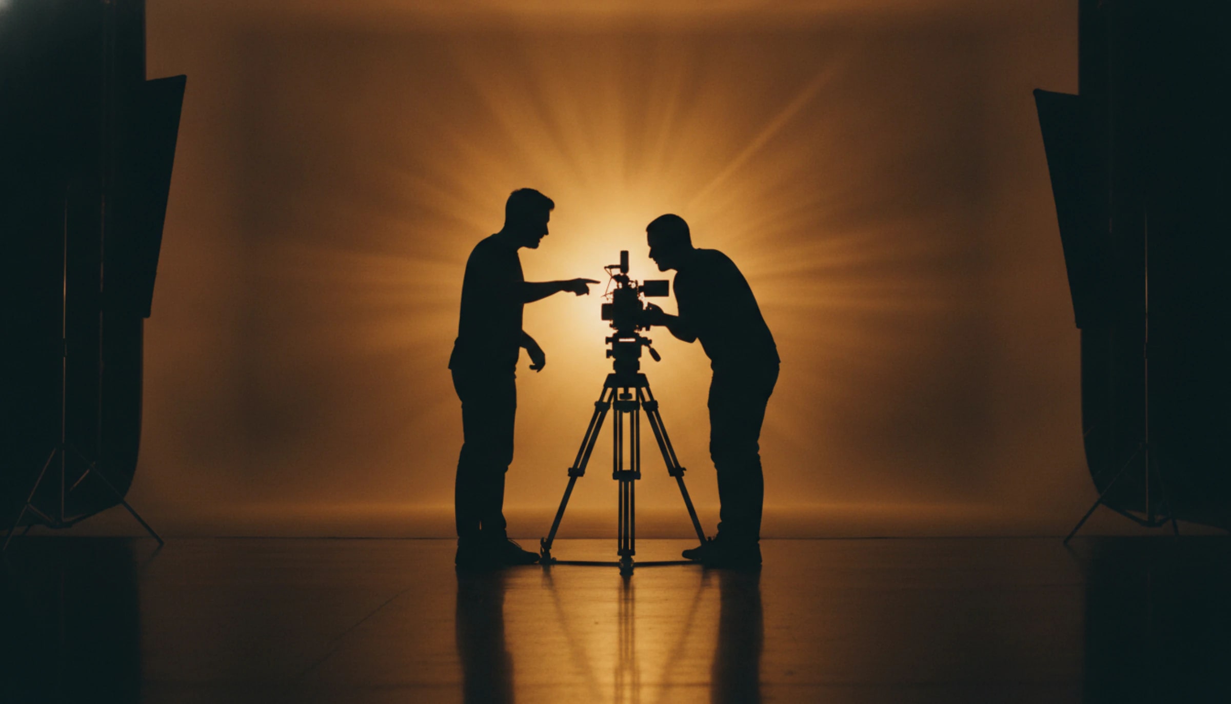 Two film crew members silhouetted around a cinema camera against a glowing amber studio backdrop