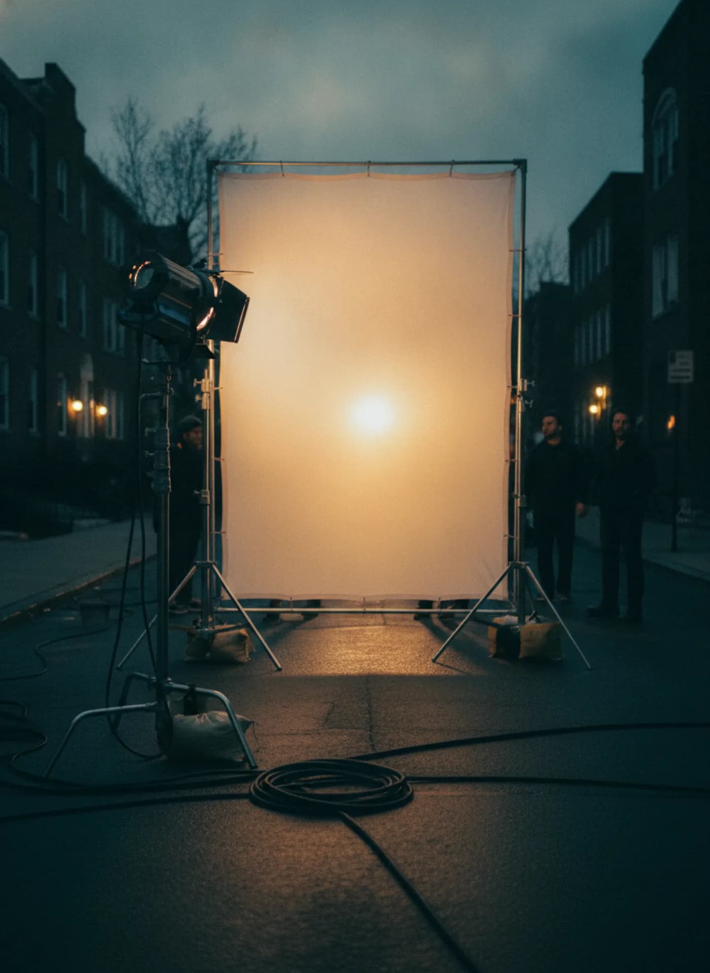 Grip and electric team setting a lighting rig on a New Jersey location at dusk