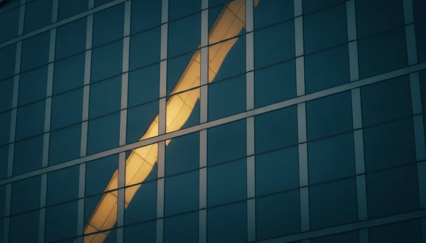 Modern glass and steel facade in steel blue tones with a single warm diagonal reflection