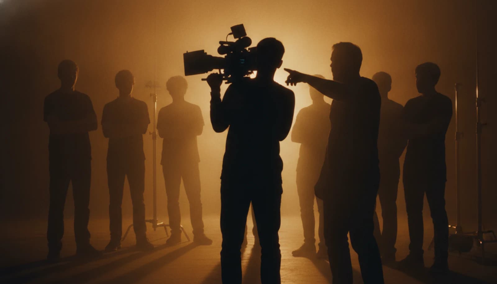 A trainee shouldering a cinema camera while a mentor guides the shot, crew watching in amber backlight