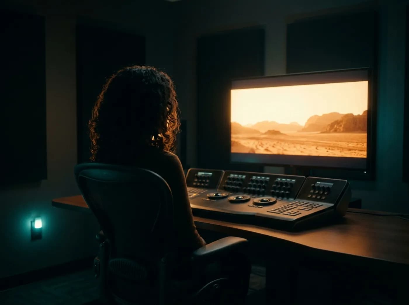 Colour grading suite with a calibrated reference monitor and colourist control surface